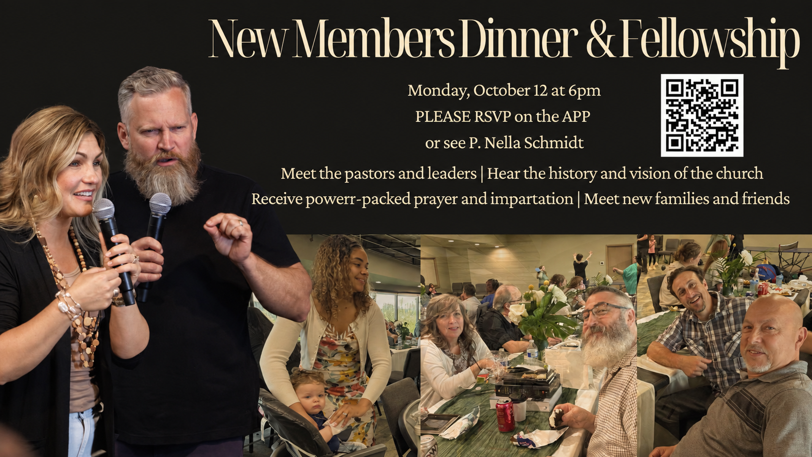 New Members Dinner & Fellowship, Monday October 12 at 6pm. Meet the pastors, leaders, and church family.